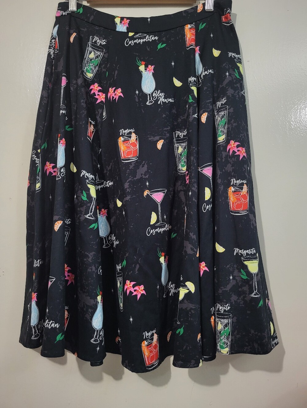 Collectif Black A-Line Skirt Colorful Cocktail Drinks Tropical Print Size 10